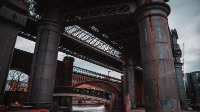 Tram and railway bridges over the canal basin in Castlefield, Manchester